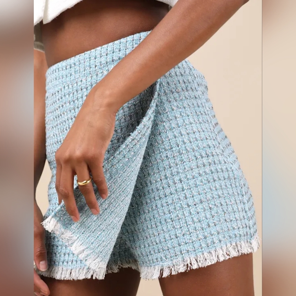 NWT LULUS Incredibly Poised Blue Tweed Textured Mini Skort - Picture 3 of 11